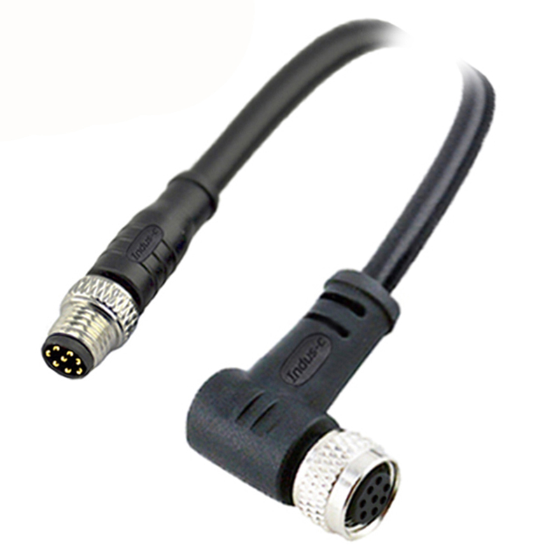 M8 8pins A code male straight to female right angle molded cable,unshielded,PVC,-10°C~+80°C,26AWG 0.14mm²,brass with nickel plated screw